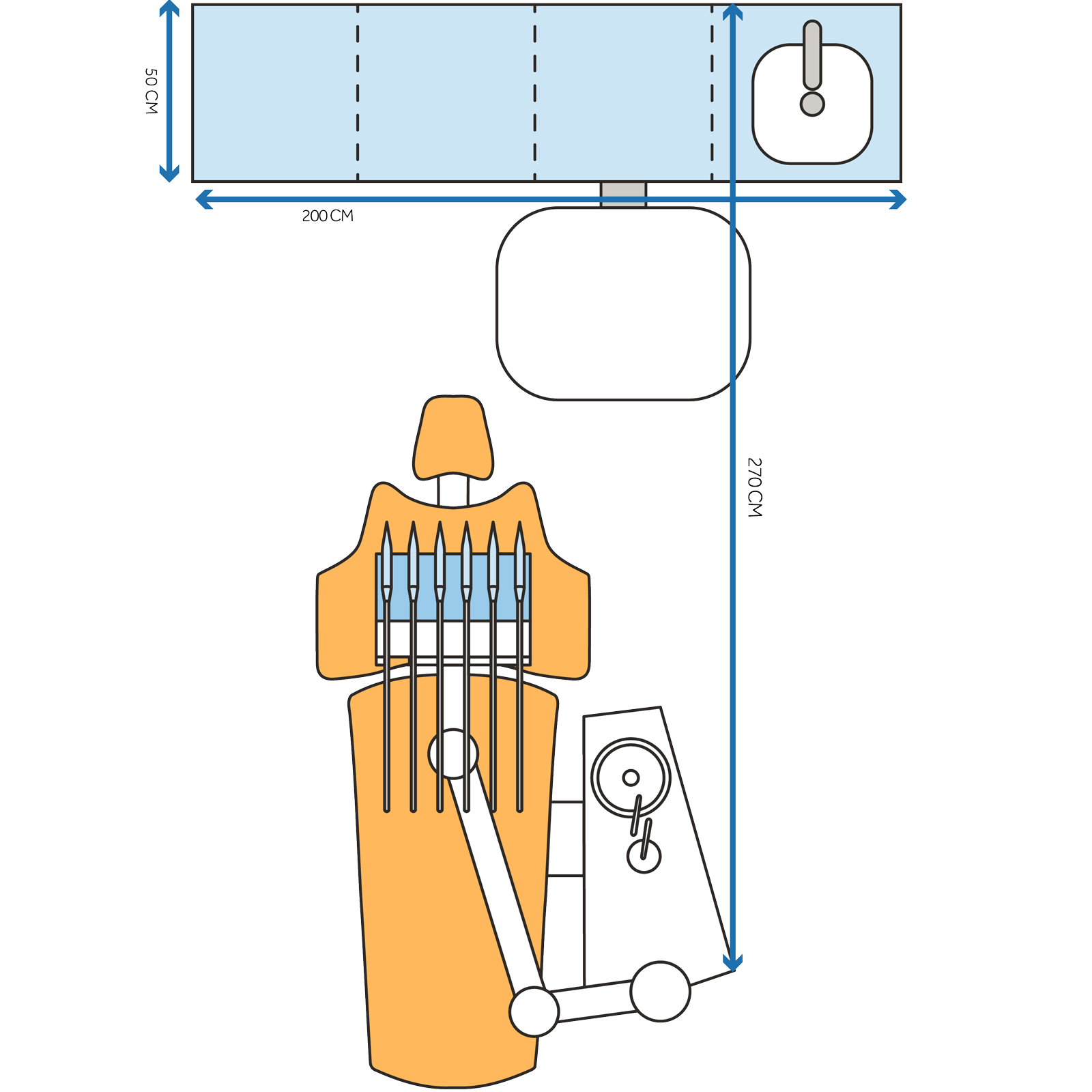 Ryc. 4. Odległość w przypadku używania mobilnej tacy  Ryc. 5. Odległość w przypadku korzystania z tacki na wysuwanym blacie.